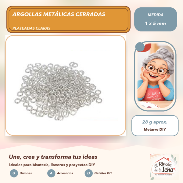 Argollas Metálicas Cerradas Plateadas Claras 1 x 5 mm, 28 g aprox.