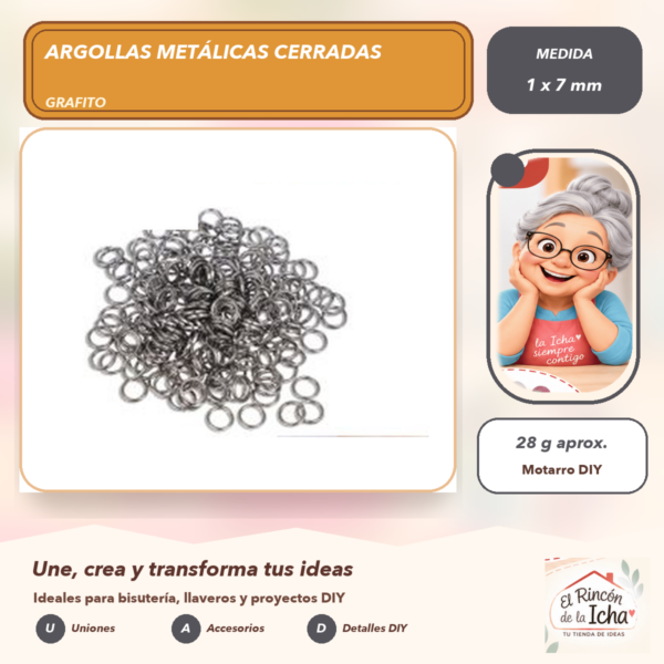 Argollas Metálicas Cerradas Grafito 1 x 7 mm, 28 g aprox.