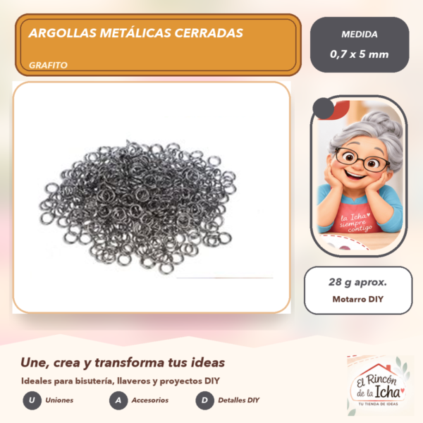 Argollas Metálicas Cerradas Grafito 0,7 x 5 mm, 28 g aprox.