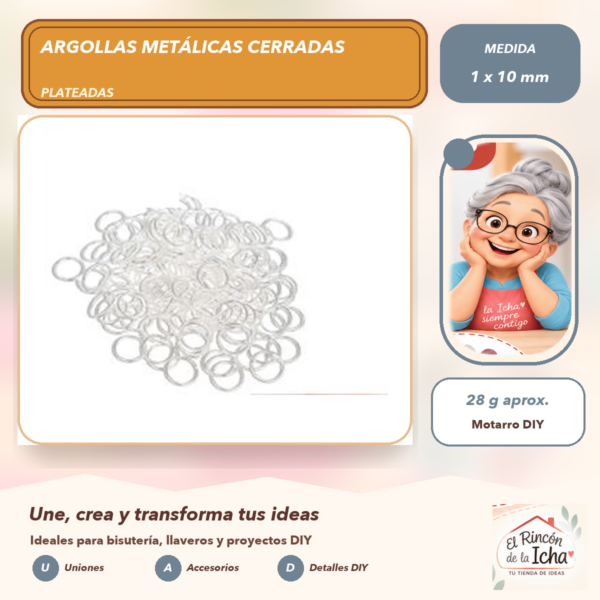 Argollas Metálicas Cerradas Plateadas 1 x 10 mm, 28 g aprox.
