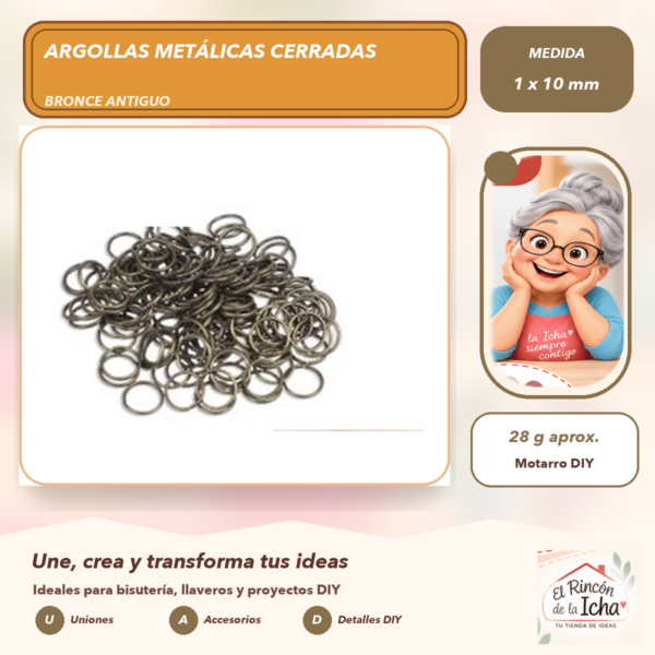 Argollas Metálicas Cerradas Bronce Antiguo 1 x 10 mm, 28 g aprox.