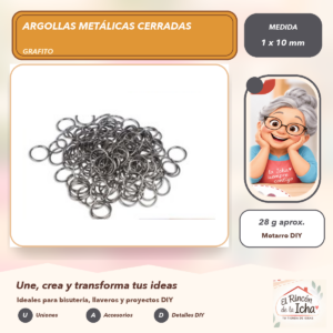 DG013-35 Argollas Metálicas Cerradas Grafito 1 x 10 mm, 28 g aprox.