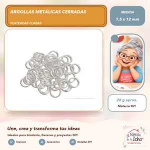 DG013-50 Argollas Metálicas Cerradas Plateadas Claras 1,5 x 12 mm, 28 g aprox.