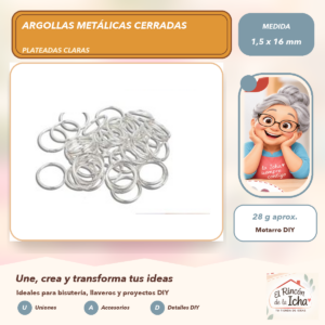 DG013-52 Argollas Metálicas Cerradas Plateadas Claras 1,5 x 16 mm, 28 g aprox.