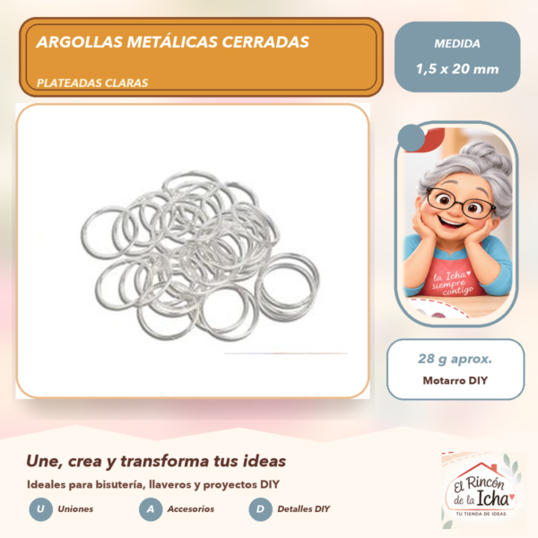 Argollas Metálicas Cerradas Plateadas Claras 1,5 x 20 mm, 28 g aprox.