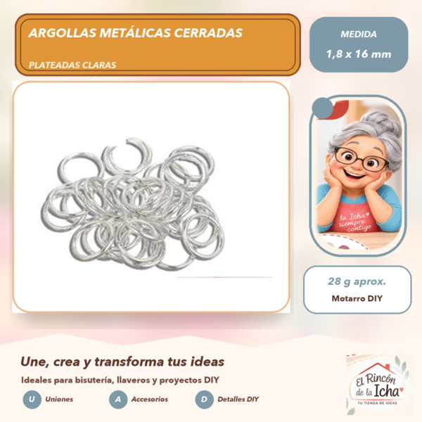 Argollas Metálicas Cerradas Plateadas Claras 1,8 x 16 mm, 28 g aprox.