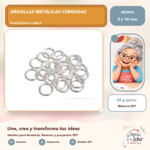 DG013-58 Argollas Metálicas Cerradas Plateadas Claras 2 x 18 mm, 28 g aprox.