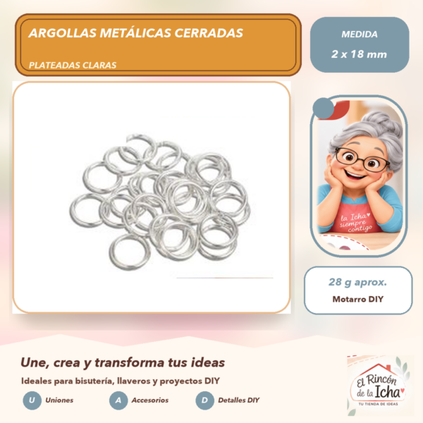 Argollas Metálicas Cerradas Plateadas Claras 2 x 18 mm, 28 g aprox.