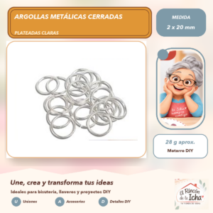 DG013-59 Argollas Metálicas Cerradas Plateadas Claras 2 x 20 mm, 28 g aprox.