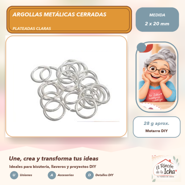 Argollas Metálicas Cerradas Plateadas Claras 2 x 20 mm, 28 g aprox.