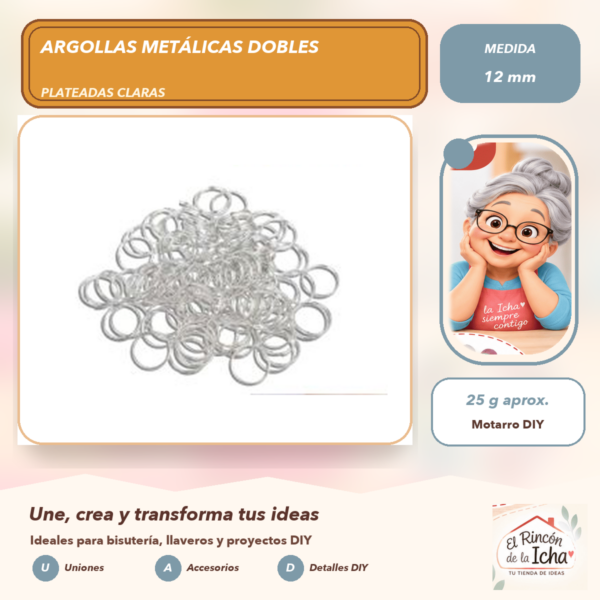 Argollas Metálicas Dobles Plateadas Claras 12 mm, 25 g aprox.