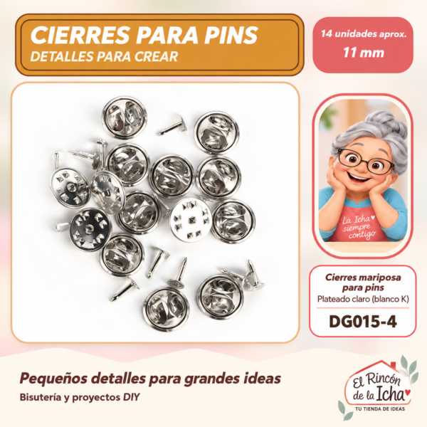 DG015-4 Cierres mariposa para pins – Plateado claro (blanco K) – 11 mm – 14 unidades aprox.