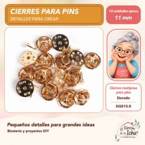 Cierres mariposa para pins – Dorado – 11 mm – 14 unidades aprox.