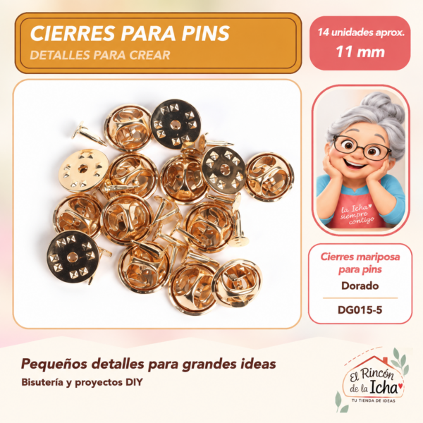 Cierres mariposa para pins – Dorado – 11 mm – 14 unidades aprox.