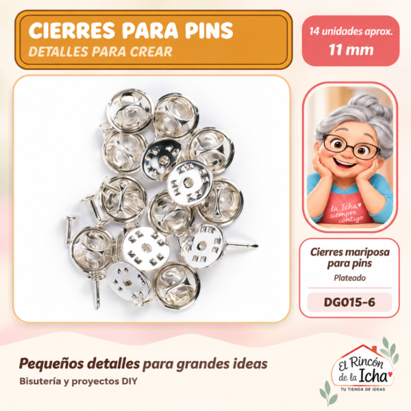 Cierres mariposa para pins – Plateado – 11 mm – 14 unidades aprox.
