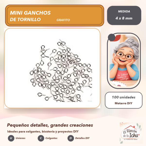 Set de 100 Mini Ganchos de Tornillo Grafito 4 x 8 mm