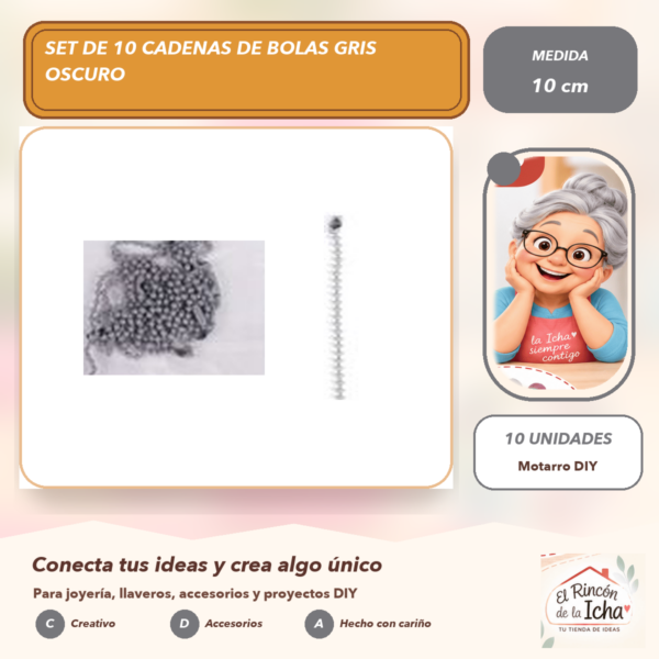 Set de 10 Cadenas de Bolas Gris Oscuro 10 cm