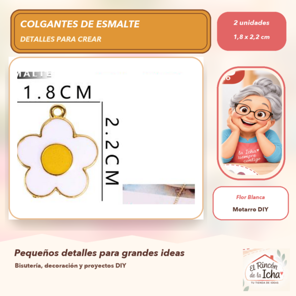 Set de 2 Colgantes de Esmalte Flor Blanca 1,8 x 2,2 cm