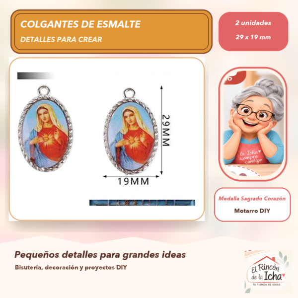 Set de 2 Colgantes de Esmalte Medalla Sagrado Corazón 29 x 19 mm