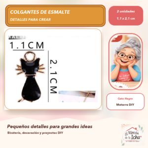 DG024-9 Set de 2 Colgantes de Esmalte Gato Negro 1,1 x 2,1 cm