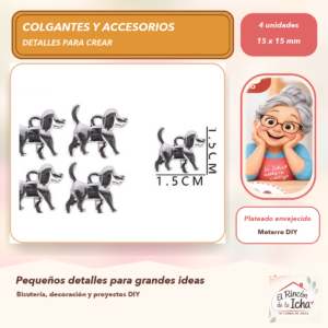 DG025-15 Set de 4 Colgantes Perrito Metal Plateado envejecido 15 x 15 mm