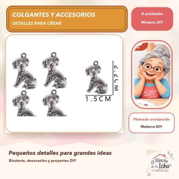 Set de 4 Colgantes Perro Metal Plateado envejecido