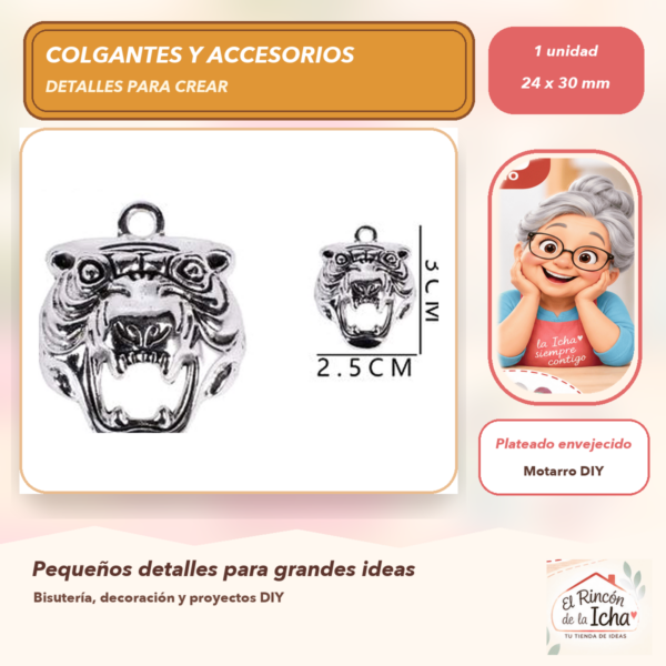 Colgante Cabeza de Tigre Metal Plateado envejecido 24 x 30 mm