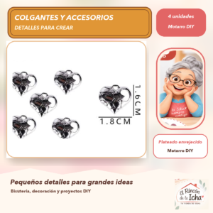 DG025-21 Set de 4 Colgantes Corazón Central Metal Plateado envejecido