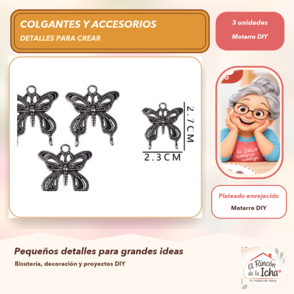 Set de 3 Colgantes Mariposa con Abalorio Metal Plateado envejecido