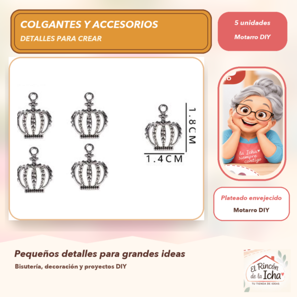 Set de 5 Colgantes Corona Metal Plateado envejecido