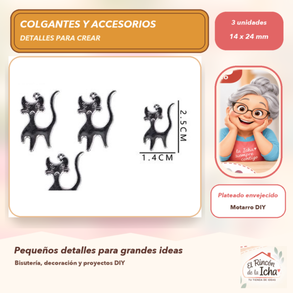 Set de 3 Colgantes Gato Metal Plateado envejecido 14 x 24 mm