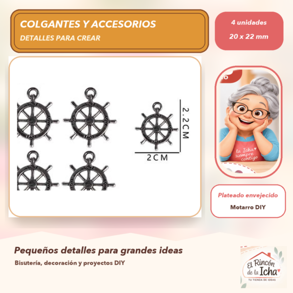 Set de 4 Colgantes Timón Metal Plateado envejecido 20 x 22 mm