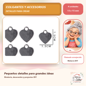 DG025-29 Set de 4 Colgantes Corazón Metal Plateado envejecido 13 x 15 mm