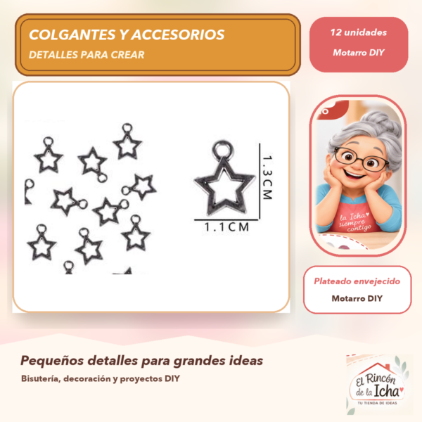 Set de 12 Colgantes Estrella Calada Metal Plateado envejecido