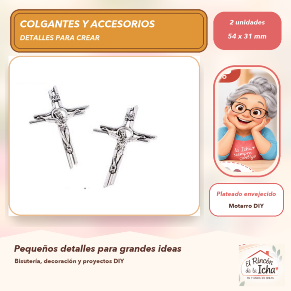 Set de 2 Colgantes Crucifijo Metal Plateado envejecido 54 x 31 mm