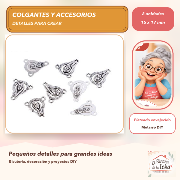Set de 8 Colgantes Rosa Metal Plateado envejecido 15 x 17 mm