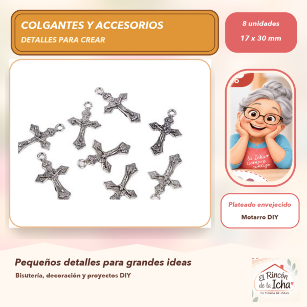 Set de 8 Colgantes Cruz Metal Plateado envejecido 17 x 30 mm