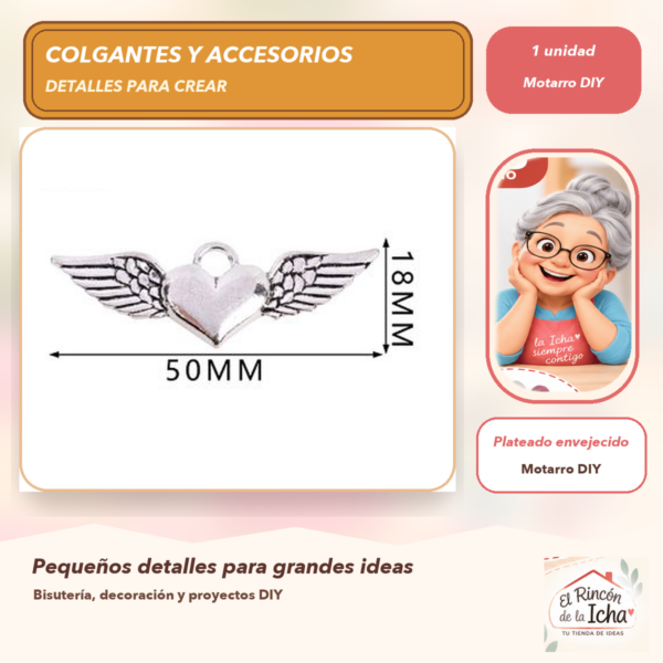 Colgante Corazón con Alas Metal Plateado envejecido