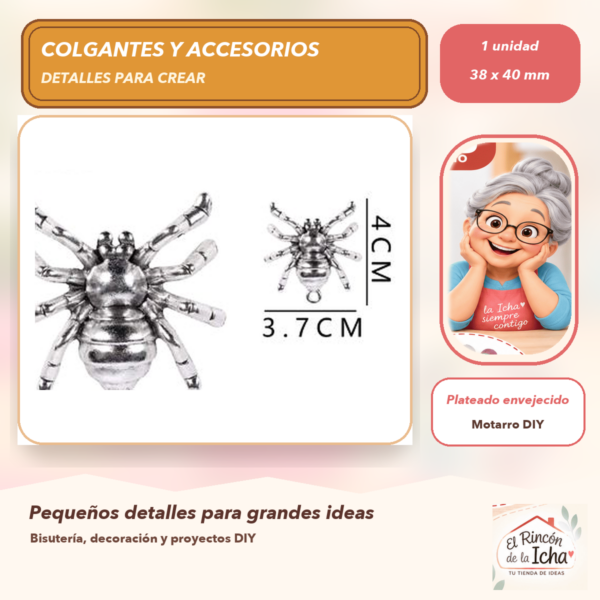 Colgante Araña Metal Plateado envejecido 38 x 40 mm