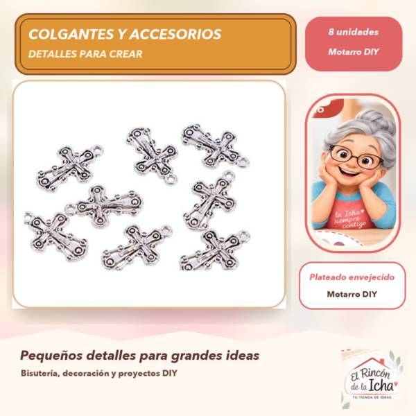 Set de 8 Colgantes Cruz Calada Metal Plateado envejecido