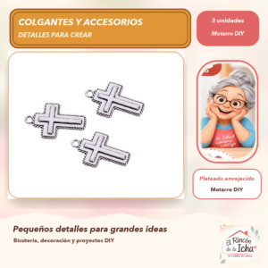 DG025-52 Set de 3 Colgantes Cruz Bordeada Metal Plateado envejecido