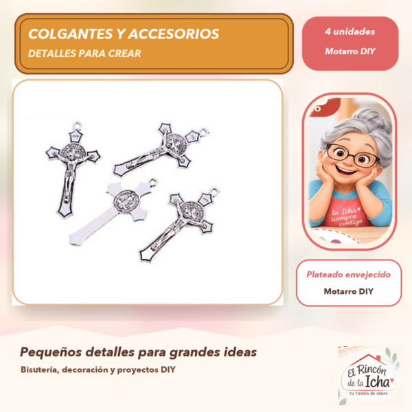 Set de 4 Colgantes Crucifijo Metal Plateado envejecido