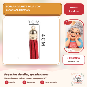 Borlas de Ante Roja con Terminal Dorado 1 × 4 cm (4 unidades)