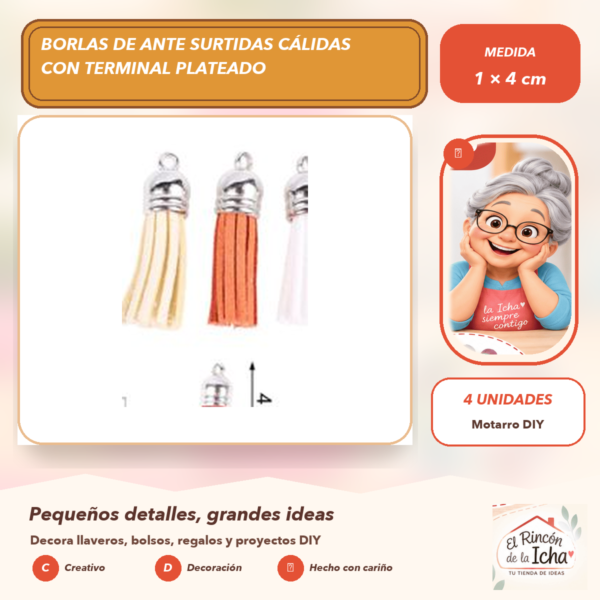 Borlas de Ante Surtidas Cálidas con Terminal Plateado 1 × 4 cm (4 unidades)