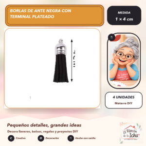 DG027-24 Borlas de Ante Negra con Terminal Plateado 1 × 4 cm (4 unidades)