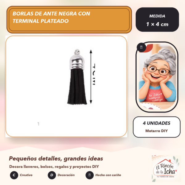 Borlas de Ante Negra con Terminal Plateado 1 × 4 cm (4 unidades)