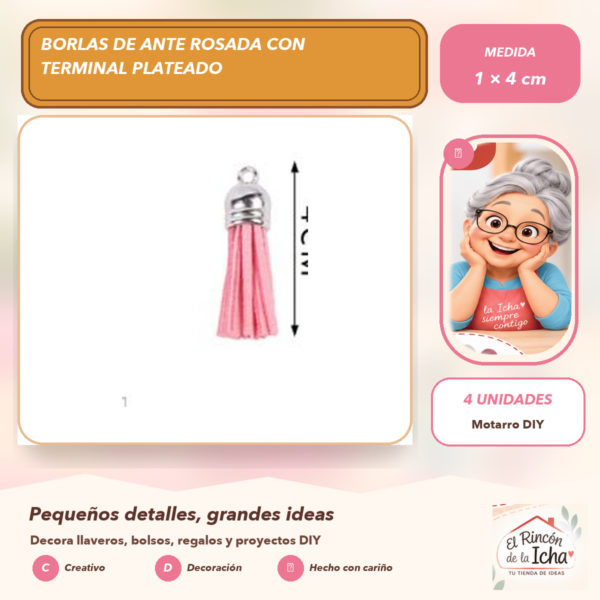 Borlas de Ante Rosada con Terminal Plateado 1 × 4 cm (4 unidades)