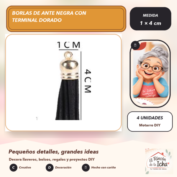 Borlas de Ante Negra con Terminal Dorado 1 × 4 cm (4 unidades)