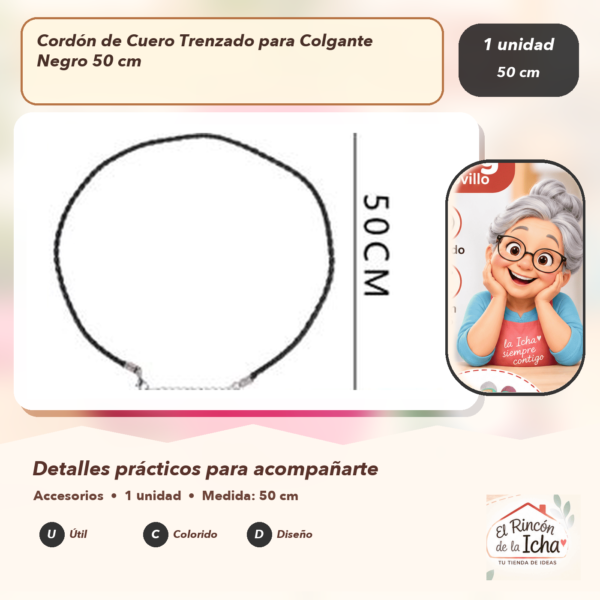 Cordón de Cuero Trenzado para Colgante Negro 50 cm
