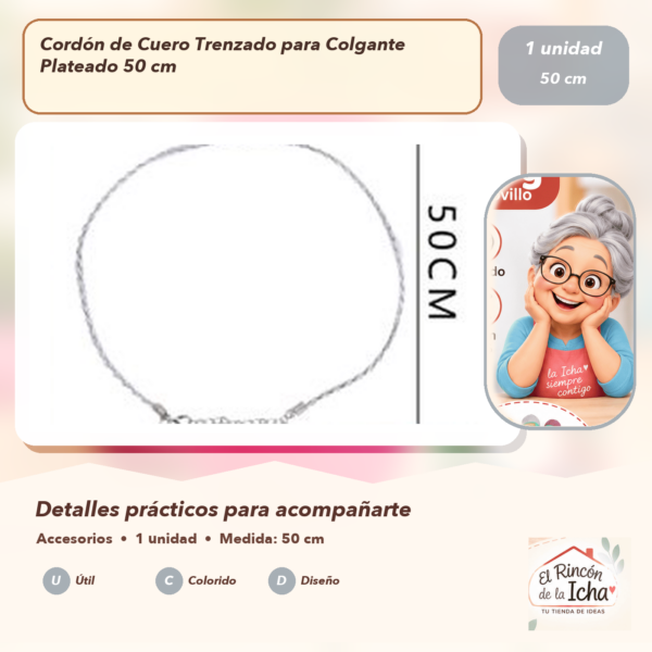 Cordón de Cuero Trenzado para Colgante Plateado 50 cm